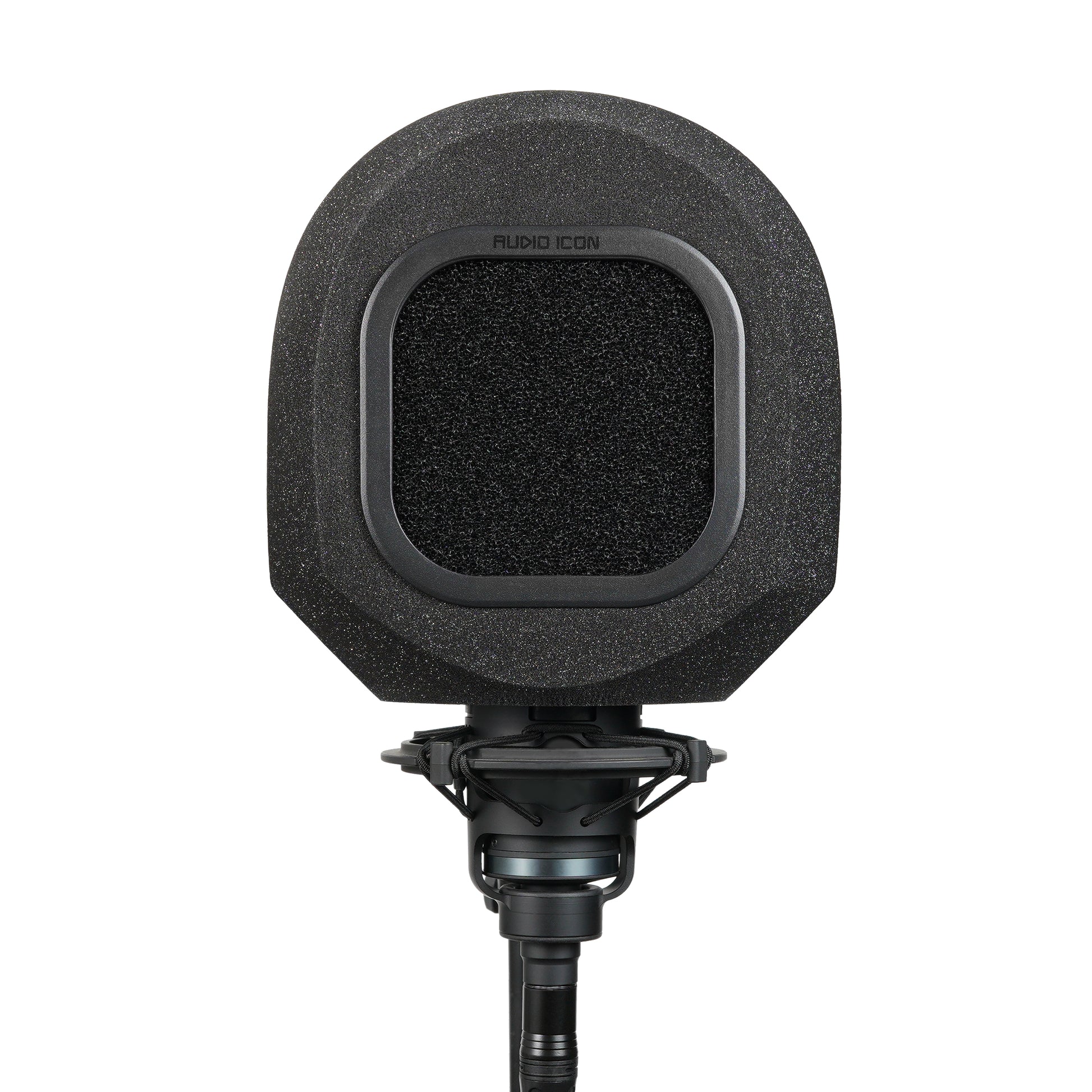 Studio microphone with SoundBox isolation booth over it with acoustic foam pop filter on a white background
