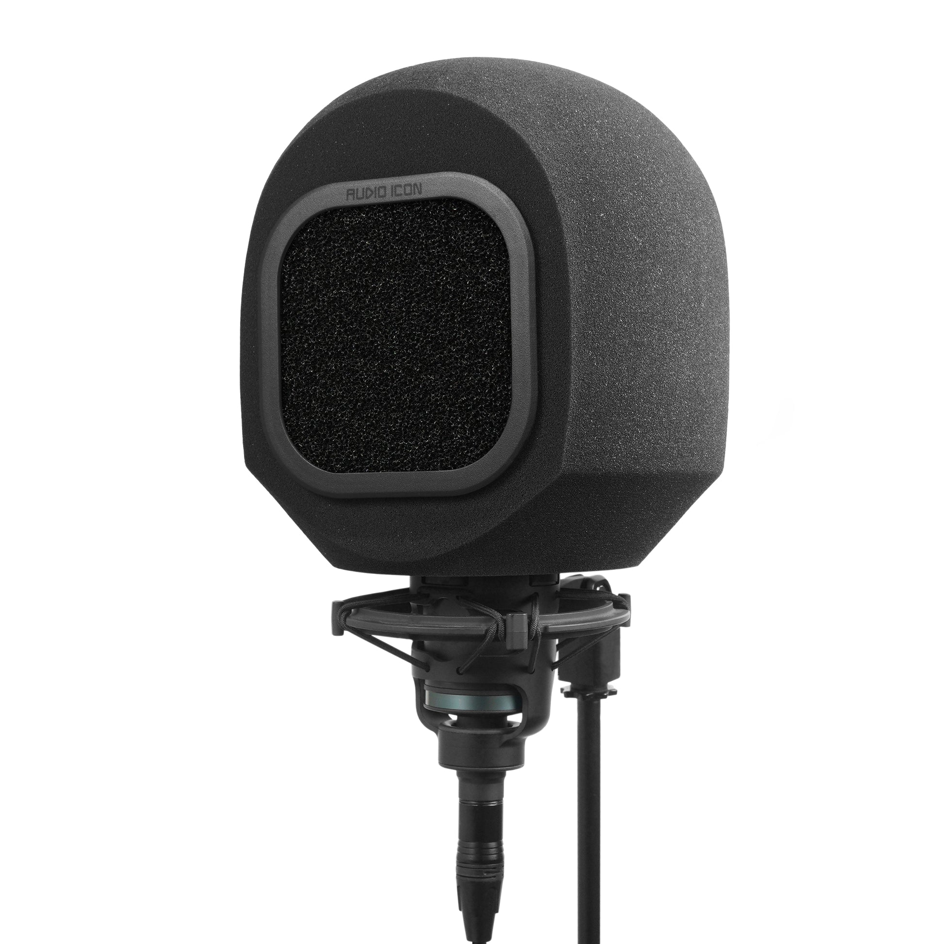 Studio microphone with iso booth and acoustic foam windscreen filter on a white background facing left