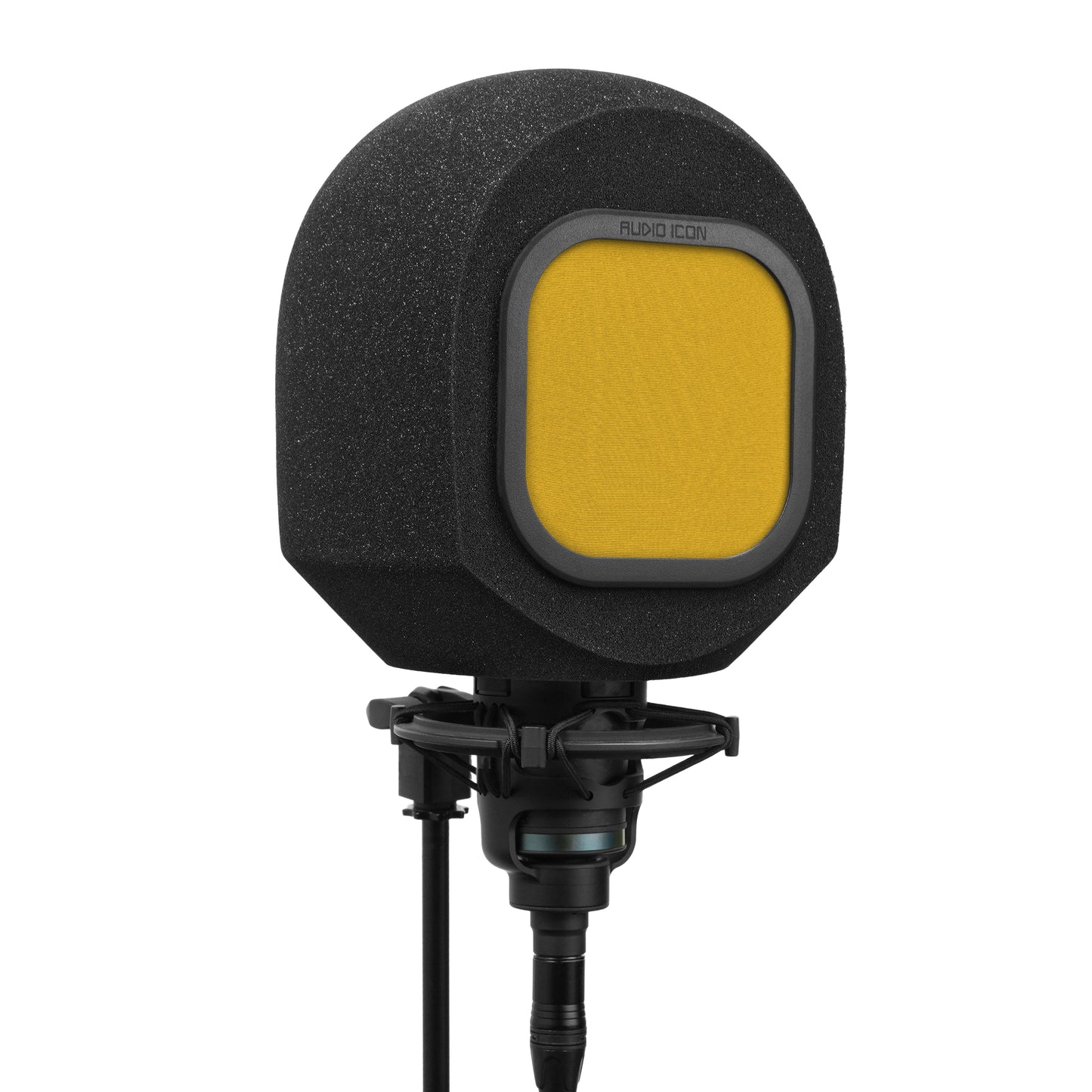 Black portable isolation booth, SoundBox, with yellow mesh pop filter on a white background.