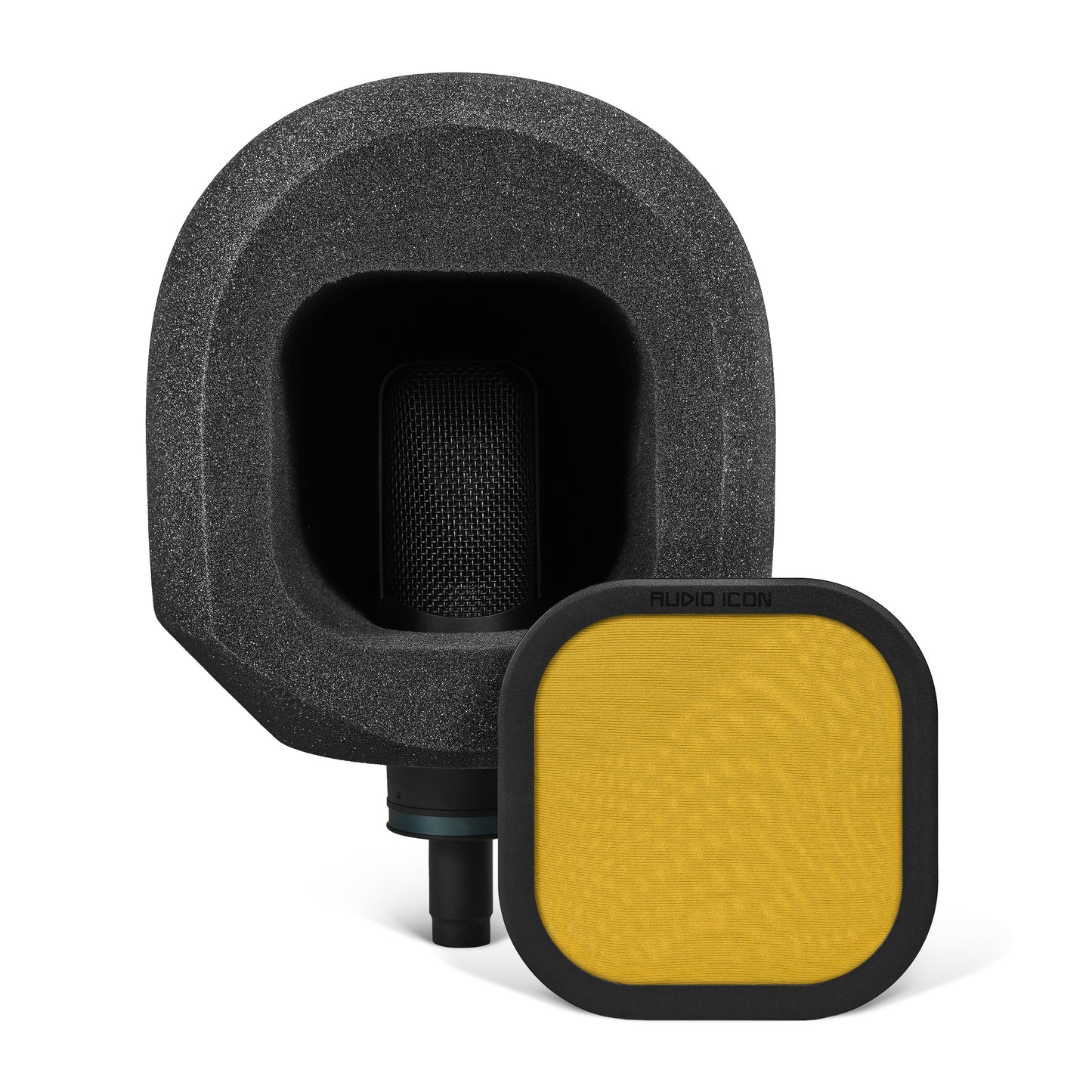 Black microphone with sound isolation booth and yellow pop filter on a white background