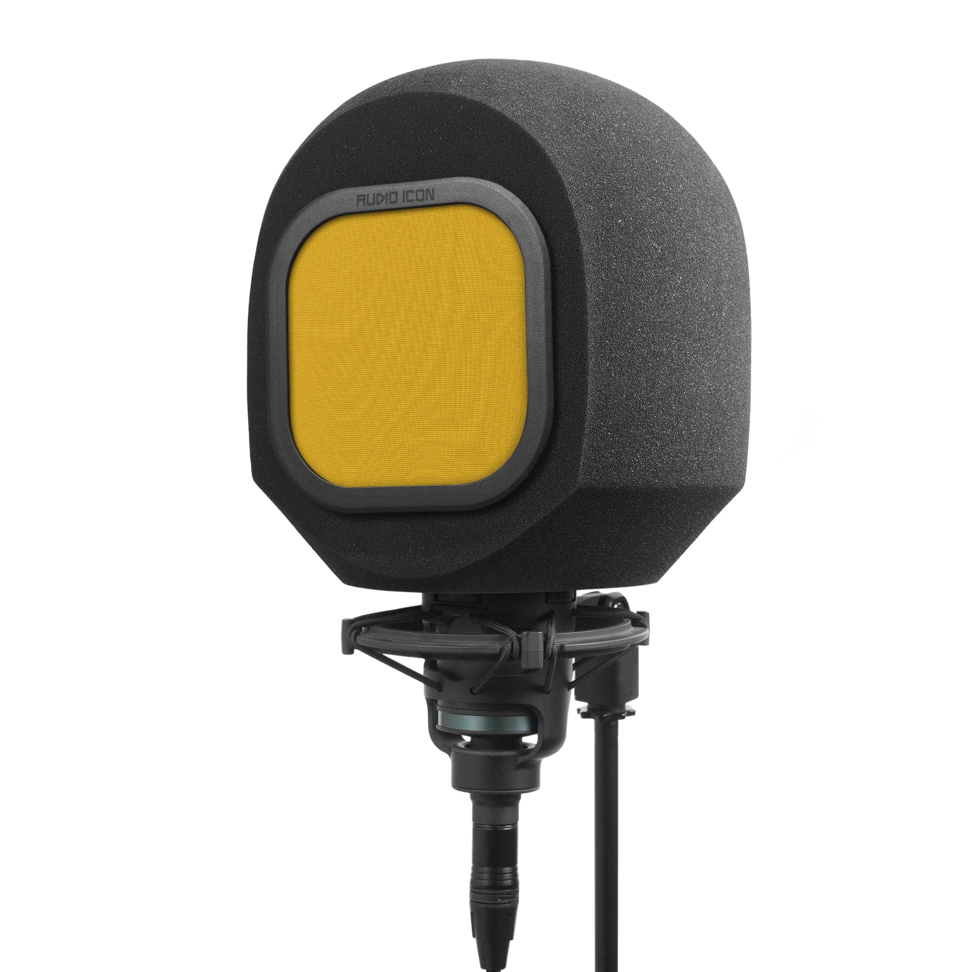 Studio microphone with iso booth and yellow windscreen filter on a white background facing left