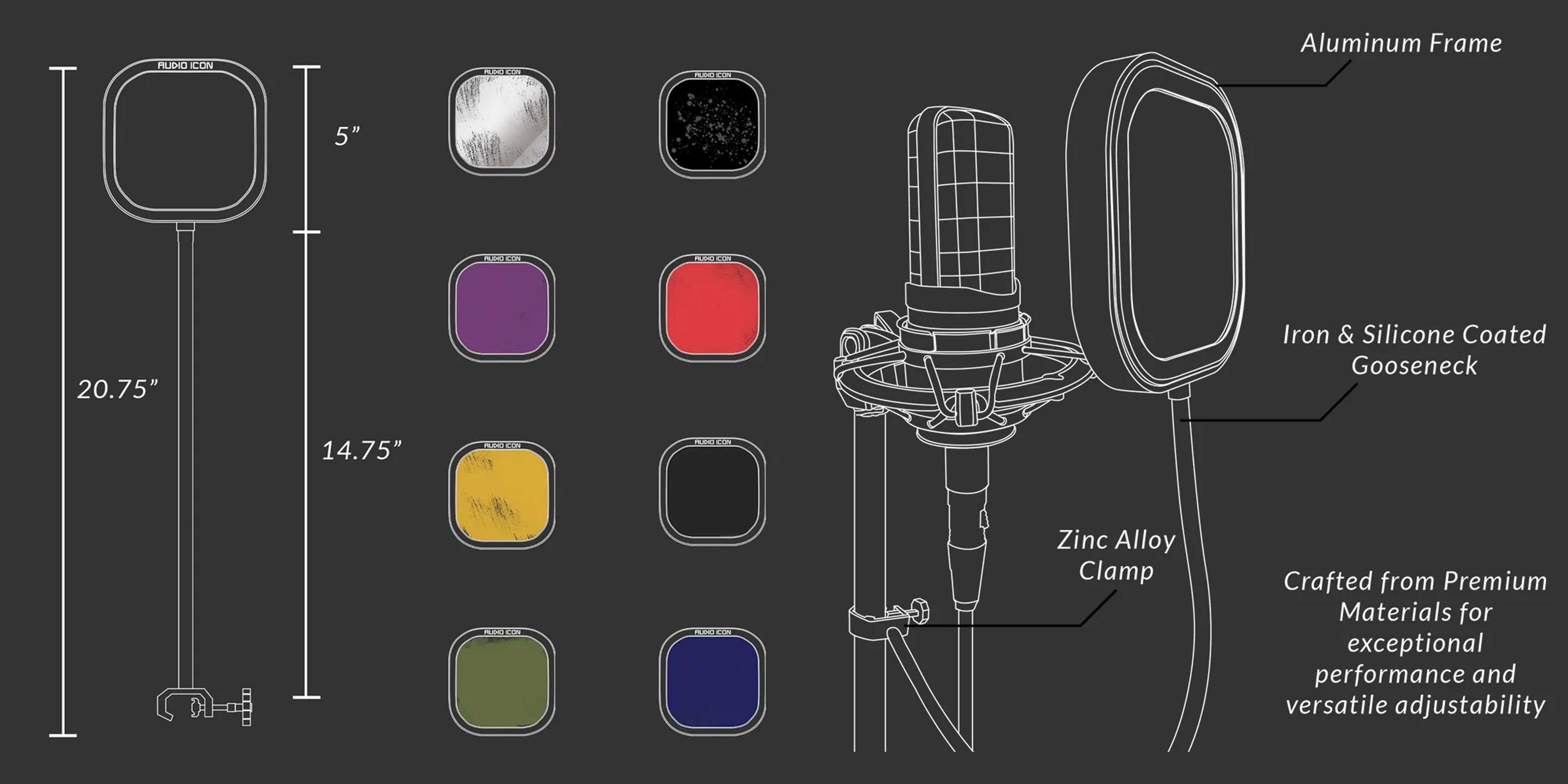 Flex Pro illustration showing the materials used: Aluminum, Iron, and Silicone frame with Zinc Alloy Clamp