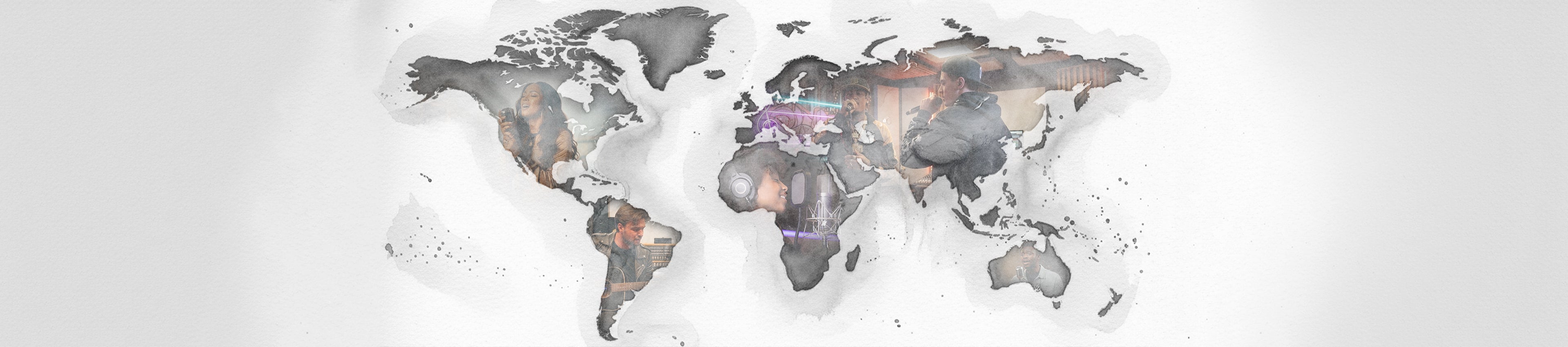World map with a futuristic design featuring characters and technology elements.