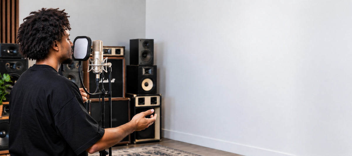 Creator recording spoken-word audio in a studio environment