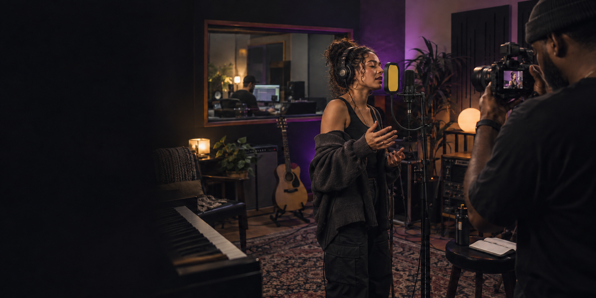 Vocalist performing while a videographer records an Audio Icon Artist Spotlight studio session