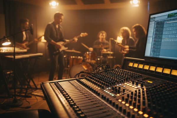 Music production setup with mixing console and band in the background