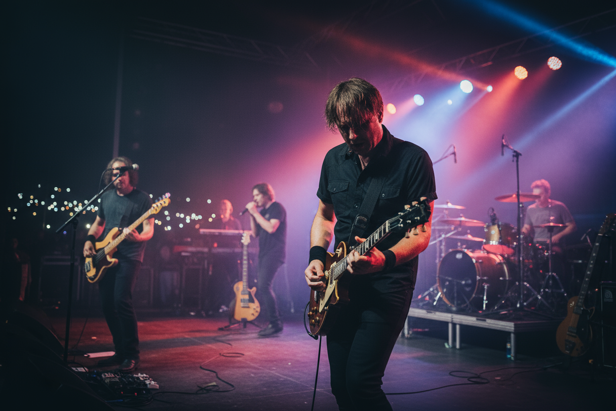 Band performing on stage with colorful lights