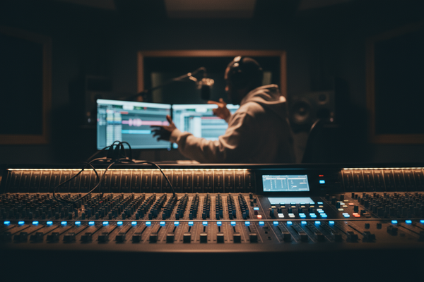 Person working on audio equipment in a dark room