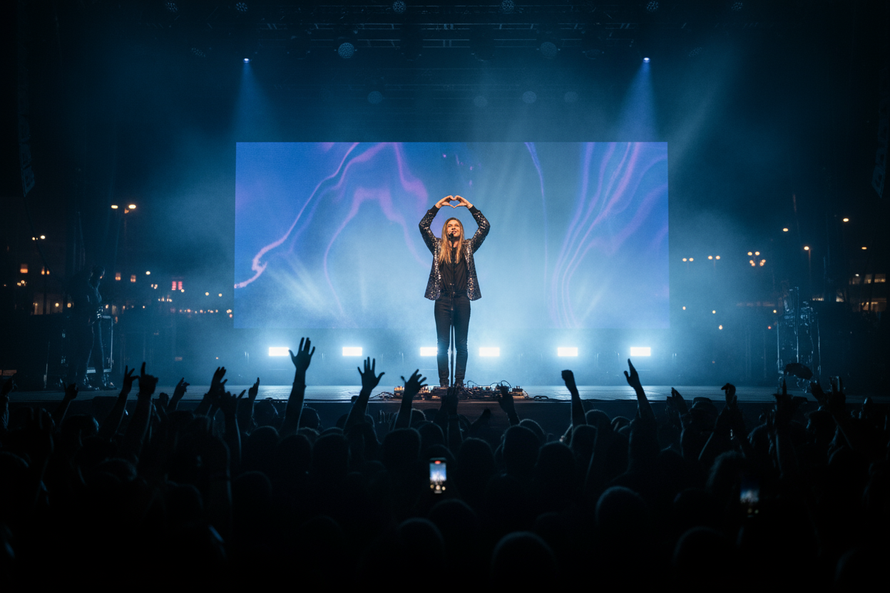 Musician performing on stage while the crowd raises their hands