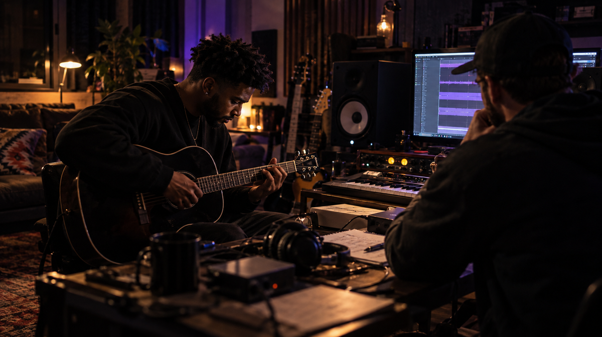 Artist playing guitar with a producer in a recording studio