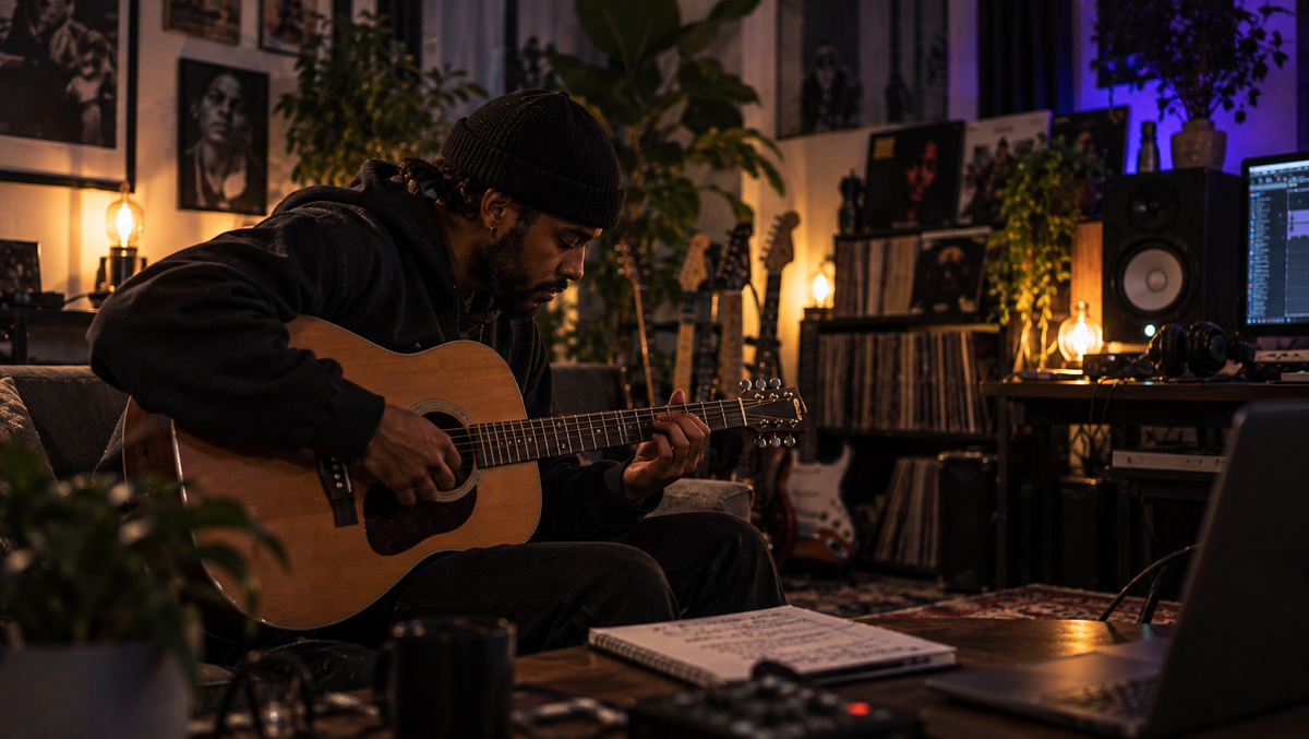 Musician playing acoustic guitar in a home recording studio