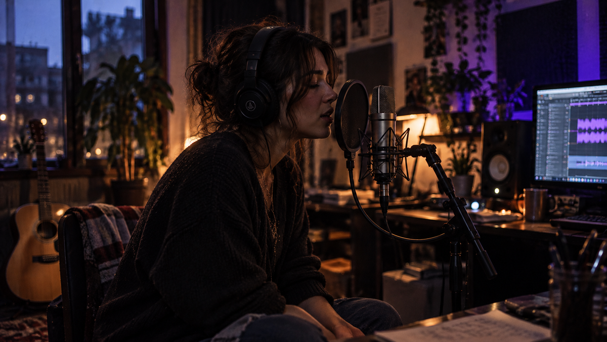 Vocalist recording at home with headphones and a studio microphone