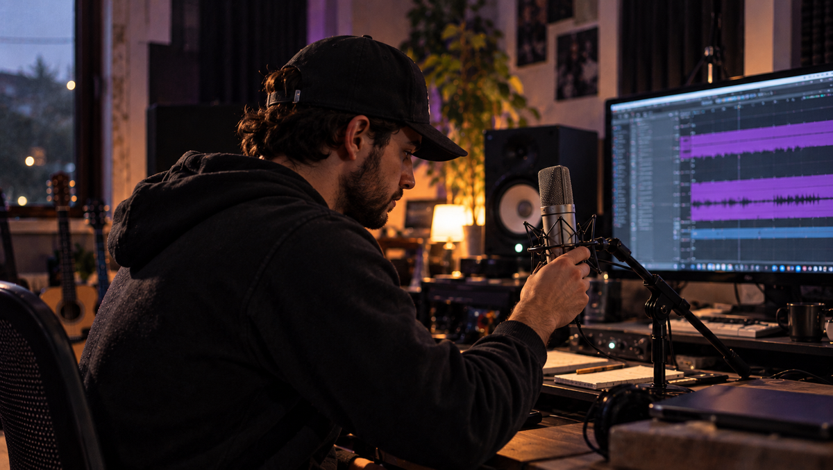 Engineer adjusting a studio microphone in a home recording setup