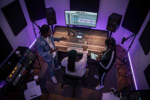 Three people in a music studio with audio equipment and screens.